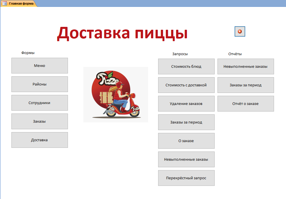 Скачать базу данных access Доставка пиццы. Главная форма