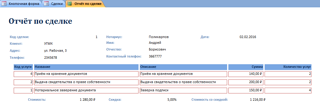 Скачать отчёт о сделке в базе данных "Нотариальная контора". 