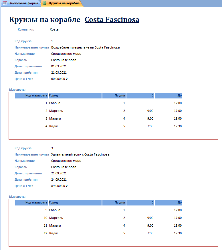 Готовая база данных Access «Пассажирское судоходство» (Круизные лайнеры). Отчёт Круизы на корабле