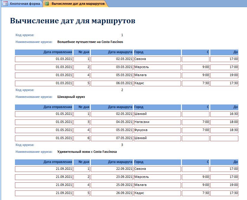 Готовая база данных Access «Пассажирское судоходство» (Круизные лайнеры). Вычисление дат для маршрутов - отчёт.