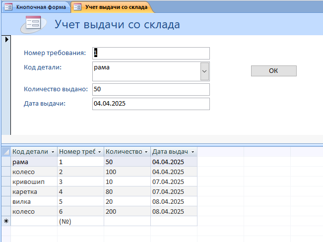 Форма «Учет выдачи со склада». Готовая база данных access. 