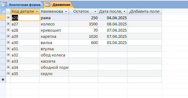 Готовая база данных access. Таблица «Движение»: Код детали, Наименование детали, Остаток, Дата последнего движения